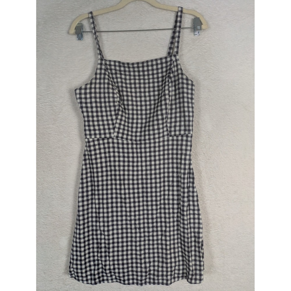 Old Navy Cami Dress Women's M Navy Blue Gingham Linen Blend Square Neck